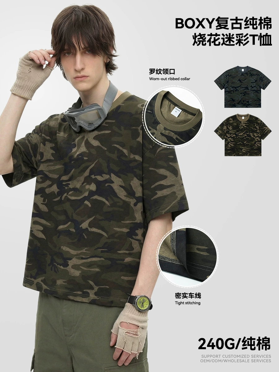 New American retro burnout camouflage pure cotton men's t-shirt, round neck, summer casual boxy clothing, men's short sleeve.